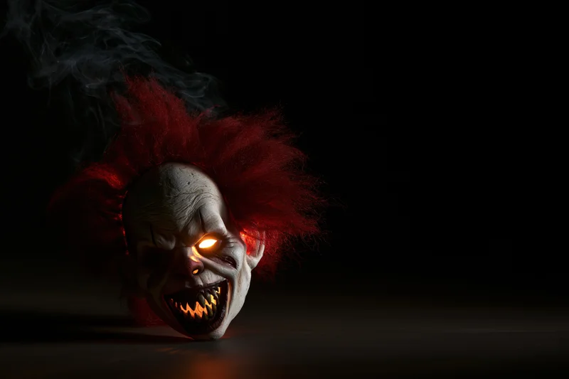 Horror clown mask with glowing eyes and red frizzy hair resting on dark surface with smoke