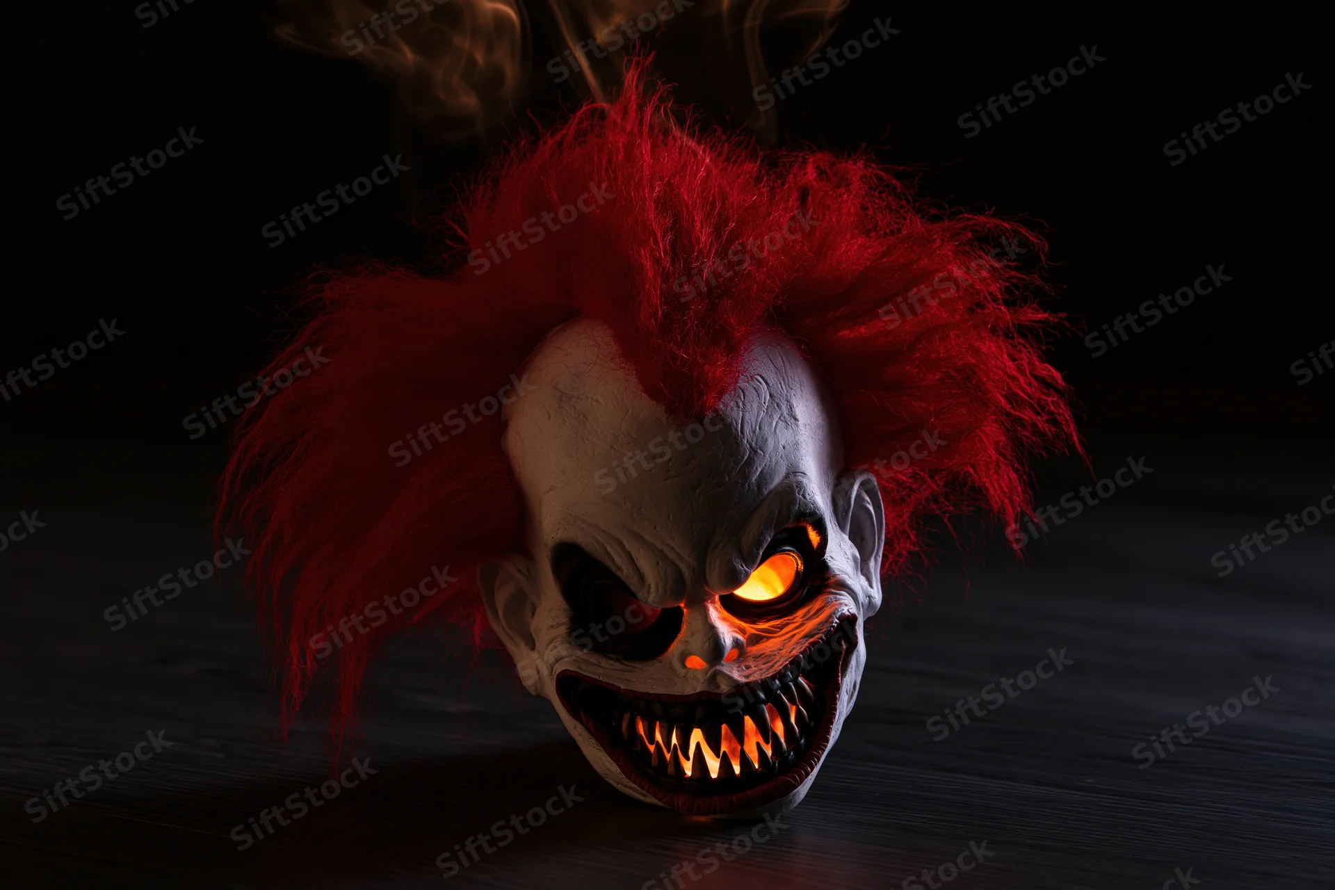 Horror clown mask with glowing eyes and sharp teeth resting on dark surface
