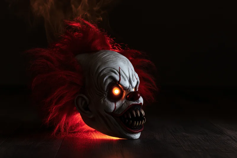 Horror clown mask with glowing eyes and red frizzy hair resting on dark wooden floor