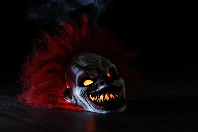 Horror clown mask with glowing eyes and red frizzy hair resting on dark wooden surface