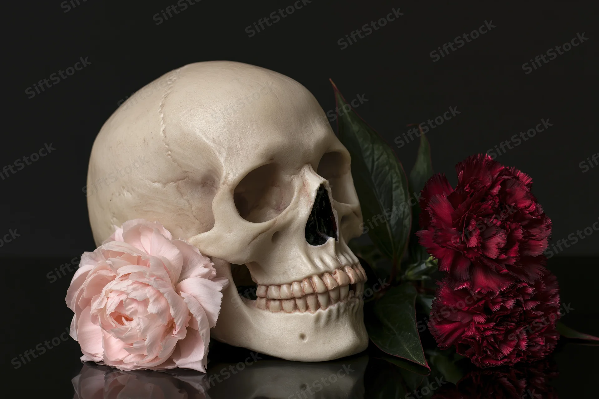 Human skull model beside pink and red peonies on a reflective black surface