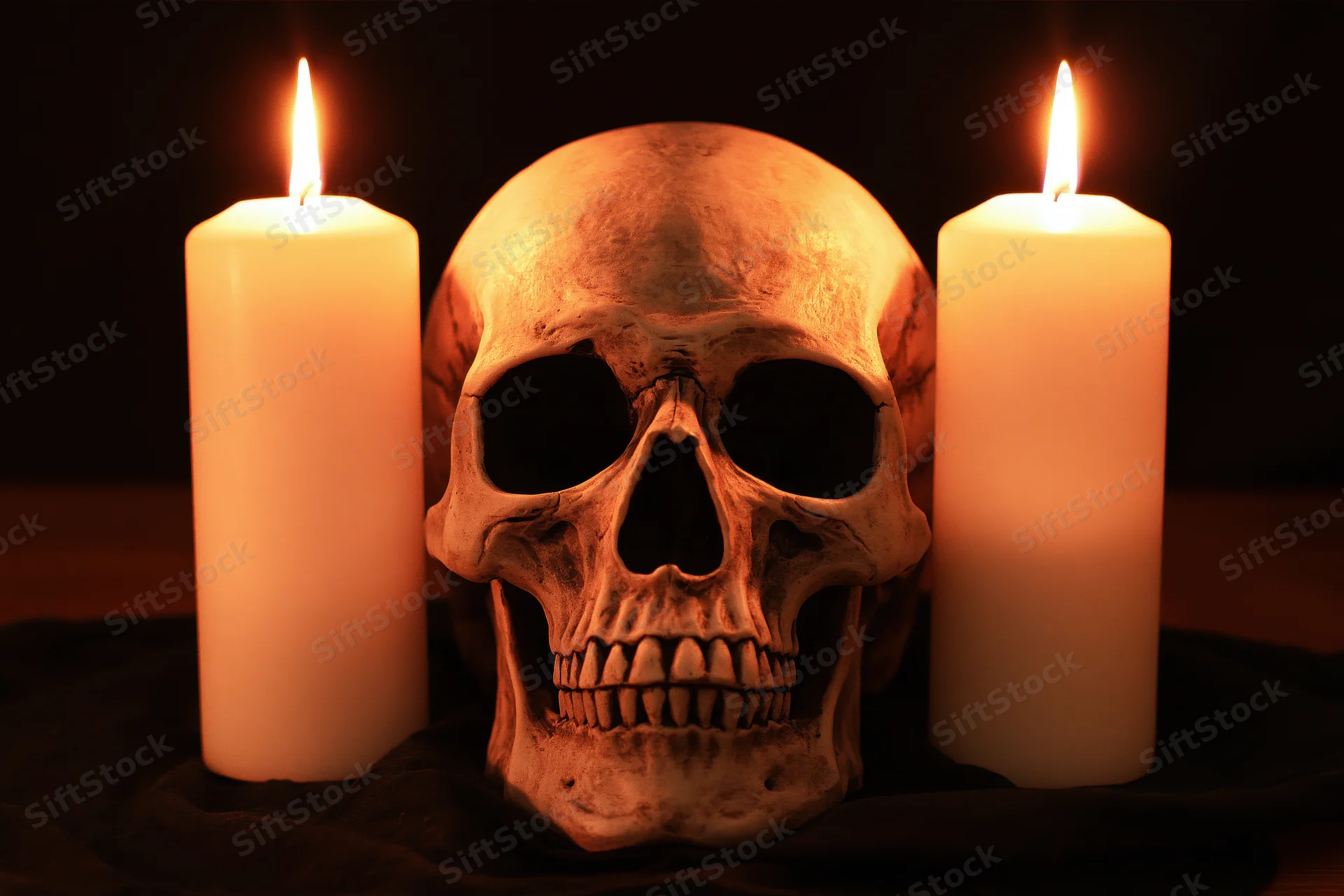 Human skull replica flanked by two lit white candles on dark cloth