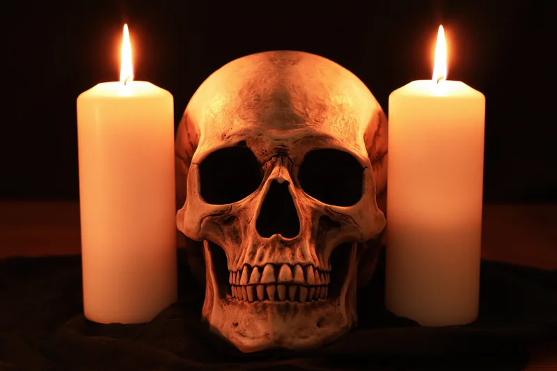 Human skull replica flanked by two lit white candles on dark cloth