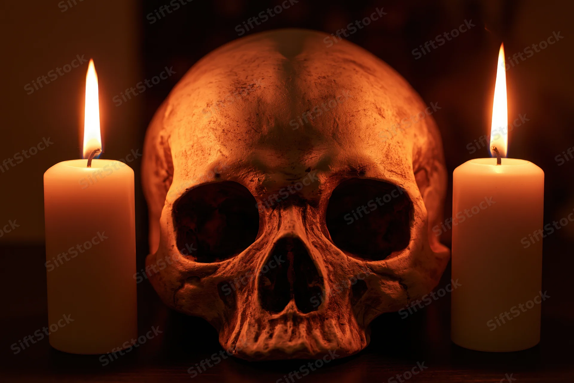 Human skull replica centered between two lit white candles on a dark surface