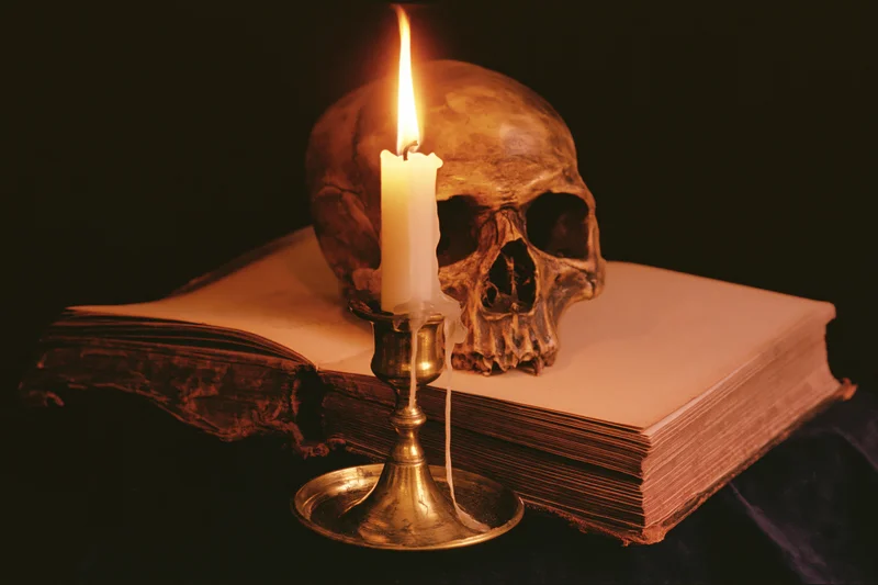 Human skull behind an open aged book with a lit candle in a brass holder on dark background