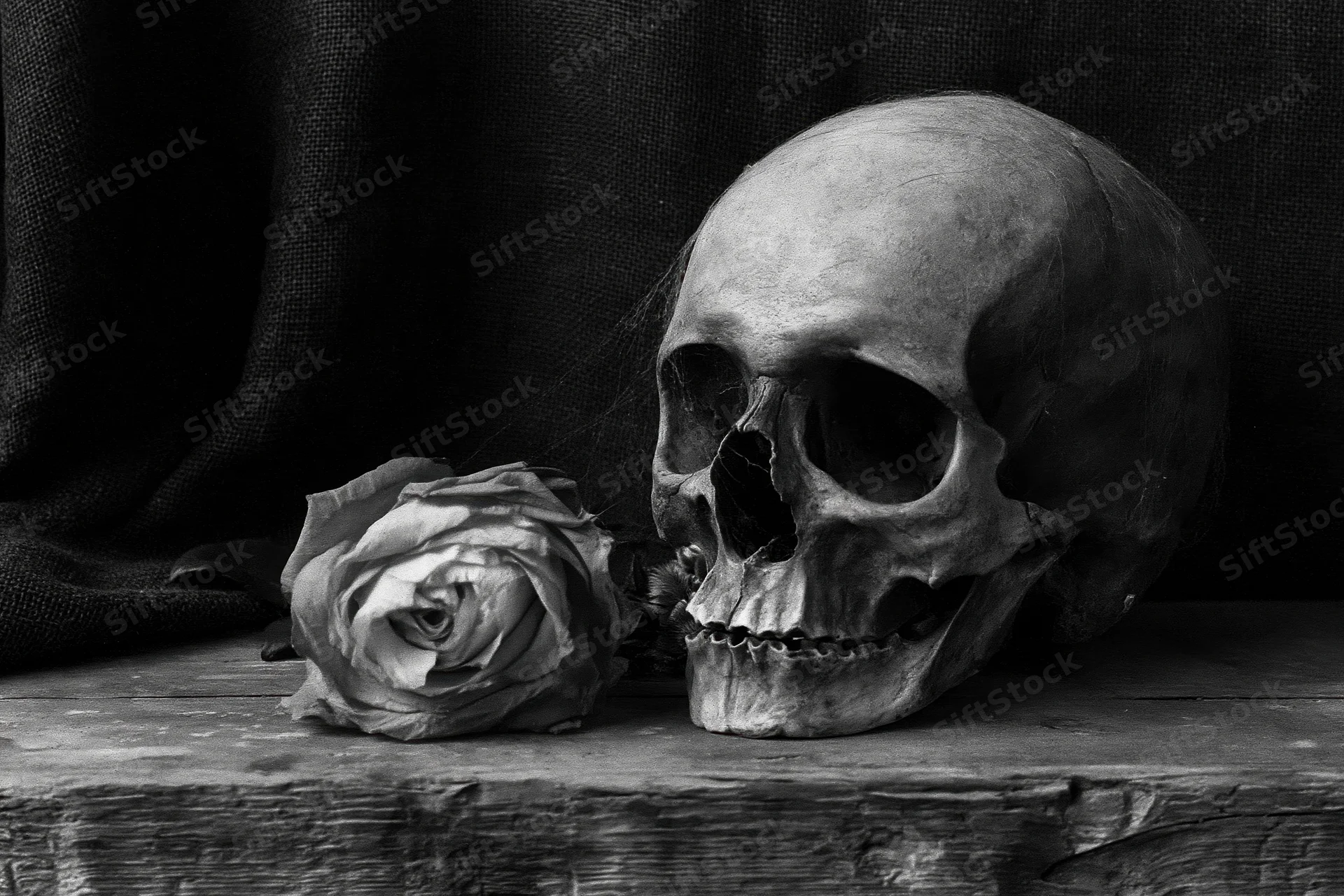 Human skull resting beside a withered rose on a weathered wooden surface