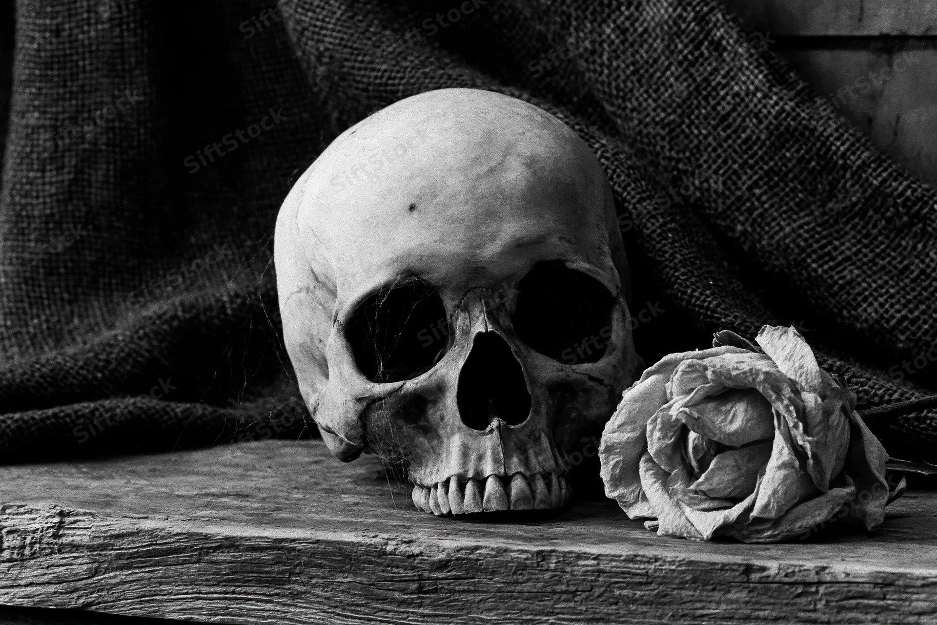 Human skull beside a dried rose on a weathered wooden surface draped with burlap fabric