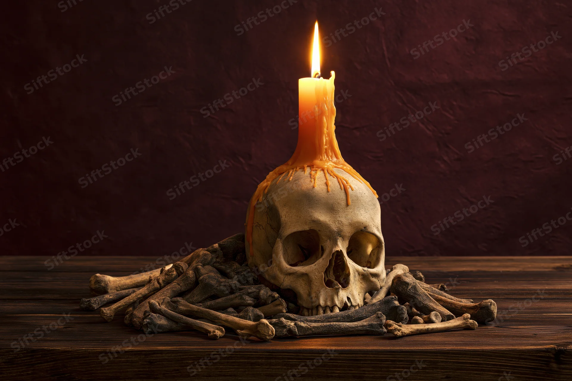 Human skull with lit orange candle melted on top surrounded by bones on wooden table