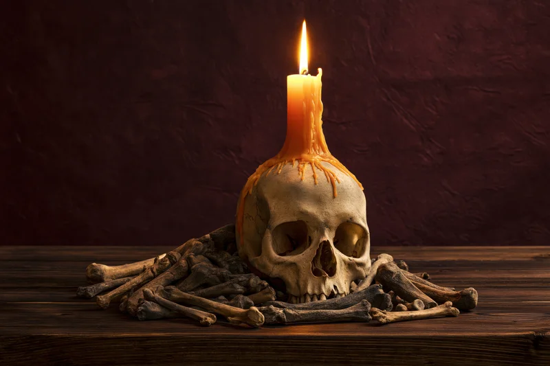 Human skull with lit orange candle melted on top surrounded by bones on wooden table