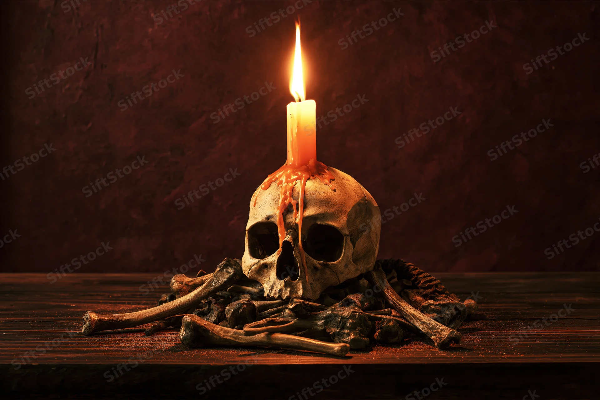 Human skull with lit orange candle melting on top, surrounded by bones on wooden table against dark textured background