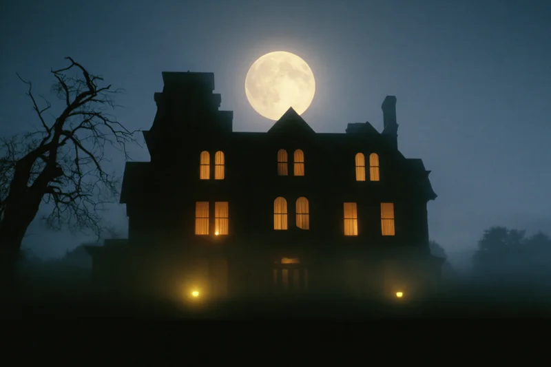 Victorian mansion silhouetted against full moon at night with glowing windows and fog
