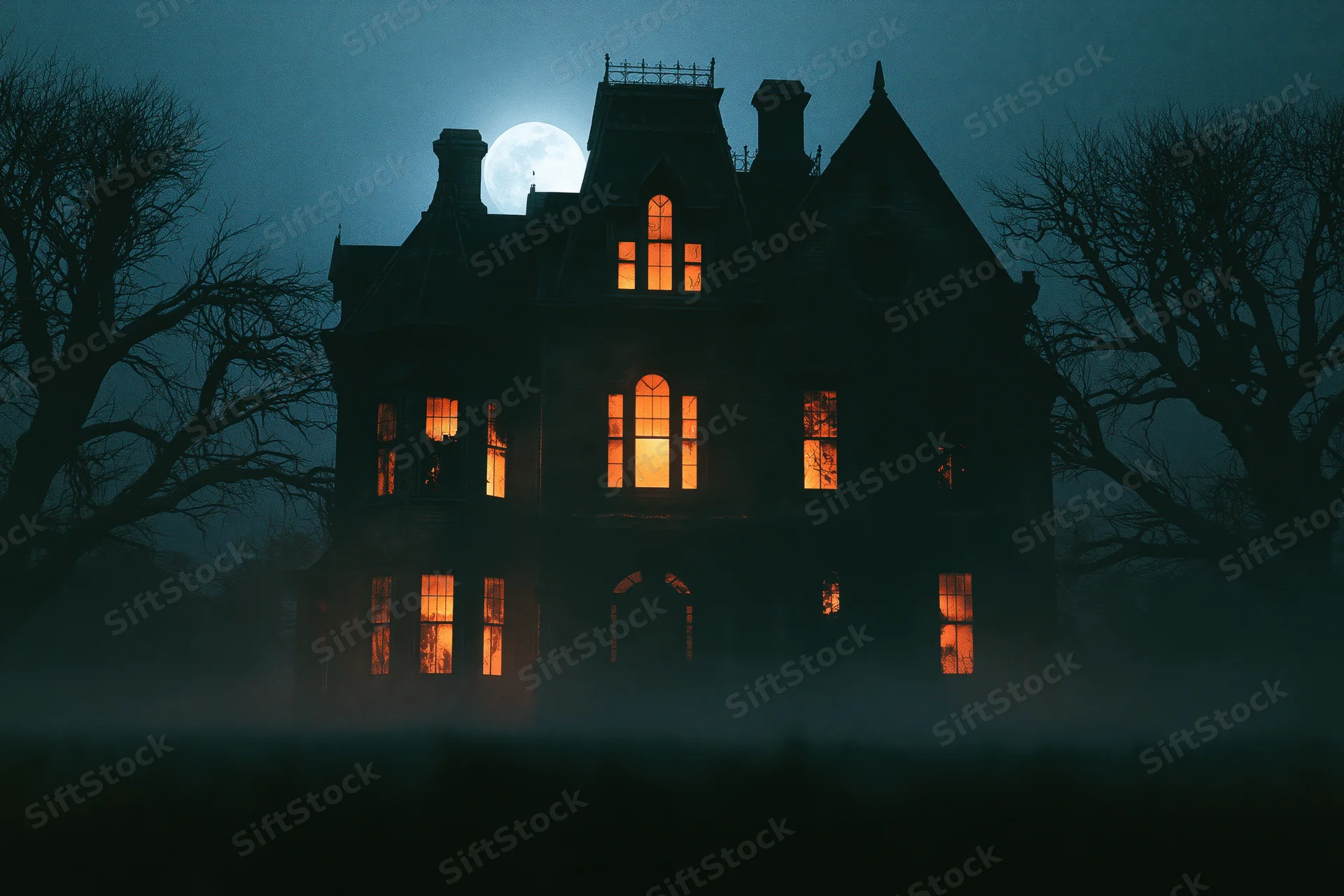 Large victorian mansion with glowing windows in fog at night under full moon