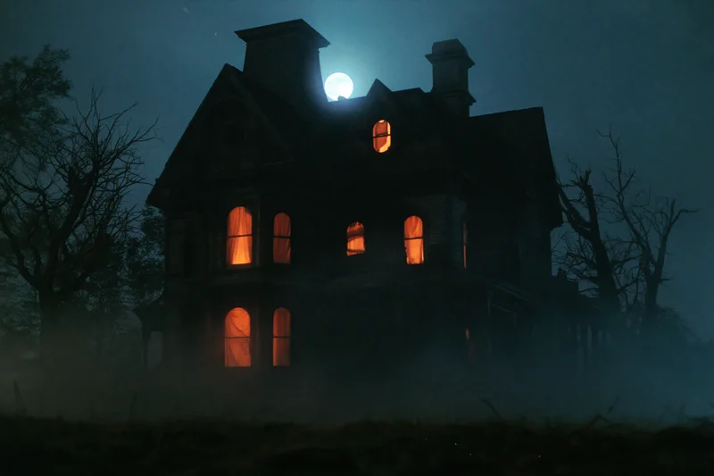 Large decaying victorian mansion with glowing windows in foggy night under full moon