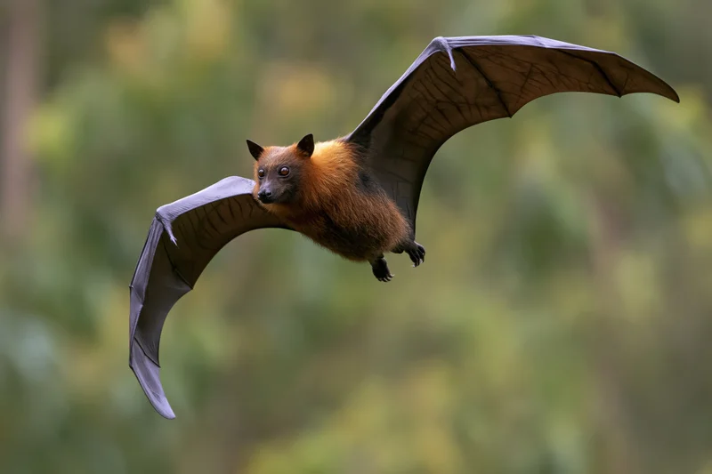 Flying fox bat in mid-flight with wings fully extended over forest foliage