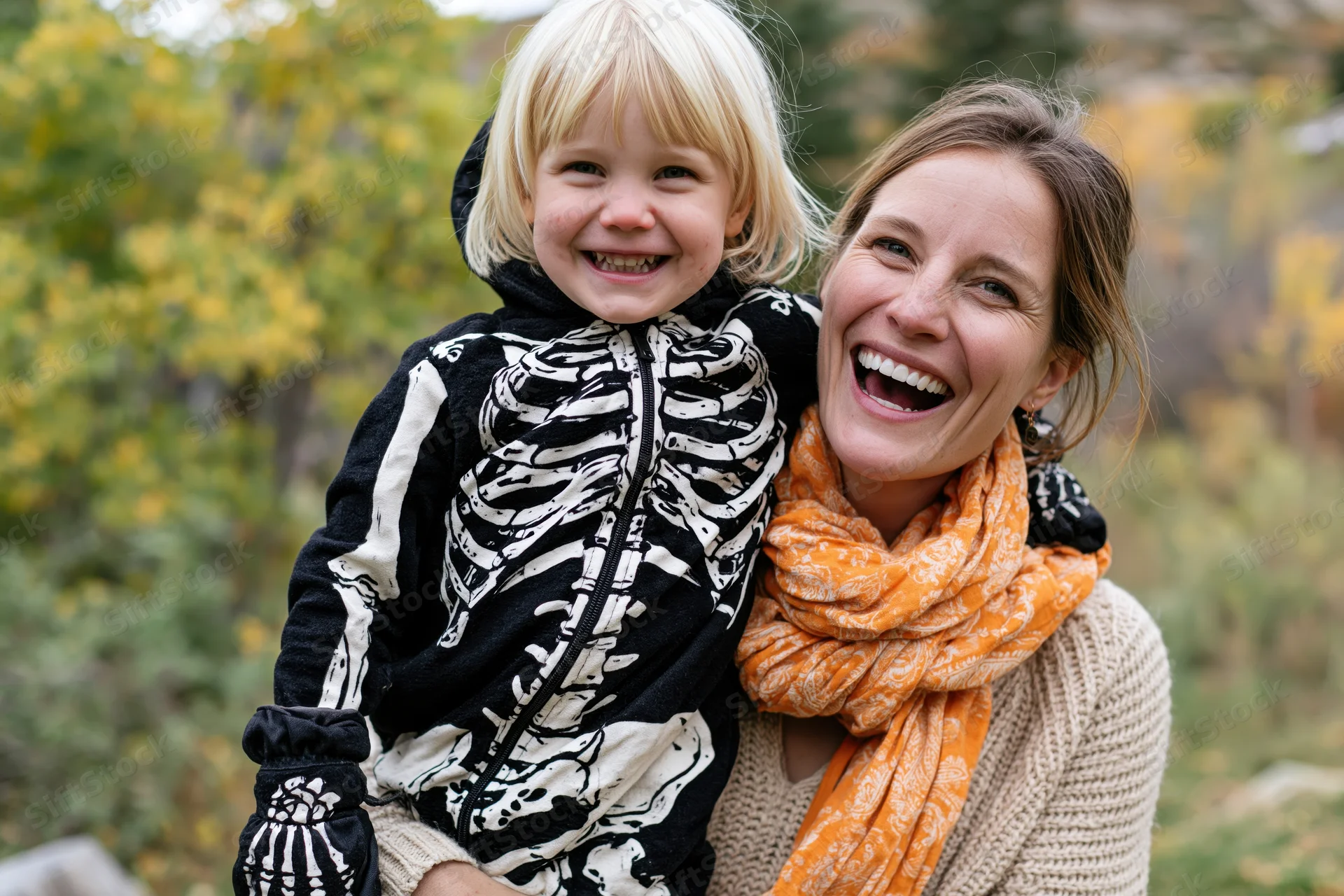 Woman laughing while holding young blonde child in skeleton costume outdoors in autumn foliage