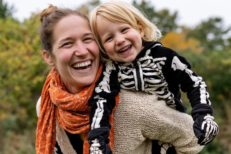 Woman laughing while carrying young child in skeleton costume outdoors in autumn foliage