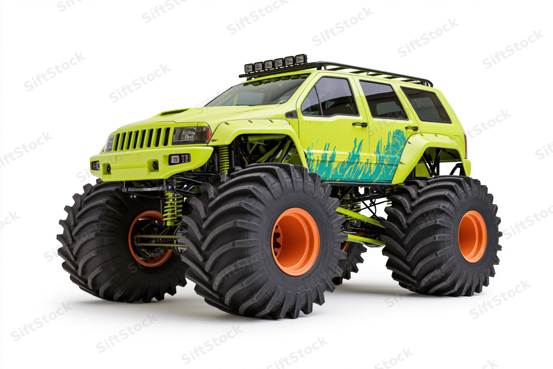 Lime green monster truck with oversized mud tires and orange rims on white background