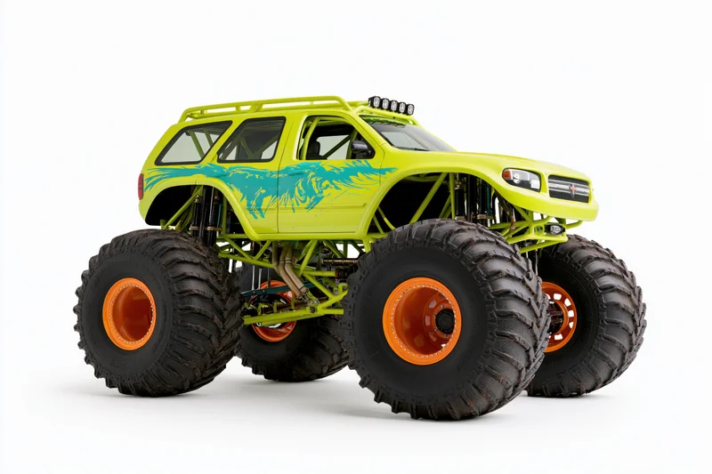 Lime green monster truck with oversized mud tires and orange rims on white background
