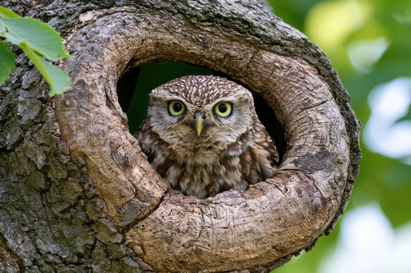 Little owl peering out from a natural hollow in a gnarled tree trunk