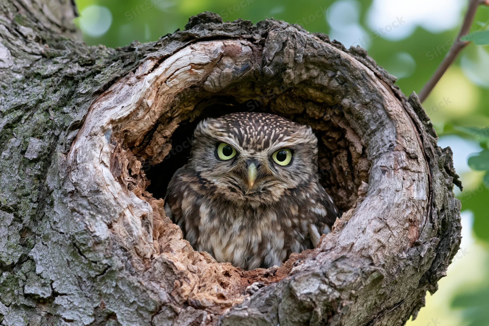 Little owl peering from a hollow in a gnarled tree trunk