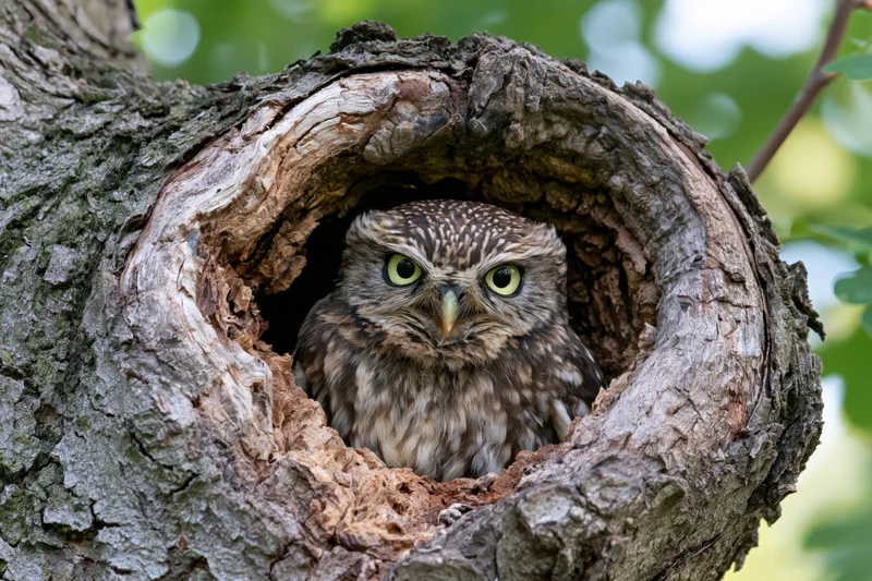 Little owl peering from a hollow in a gnarled tree trunk