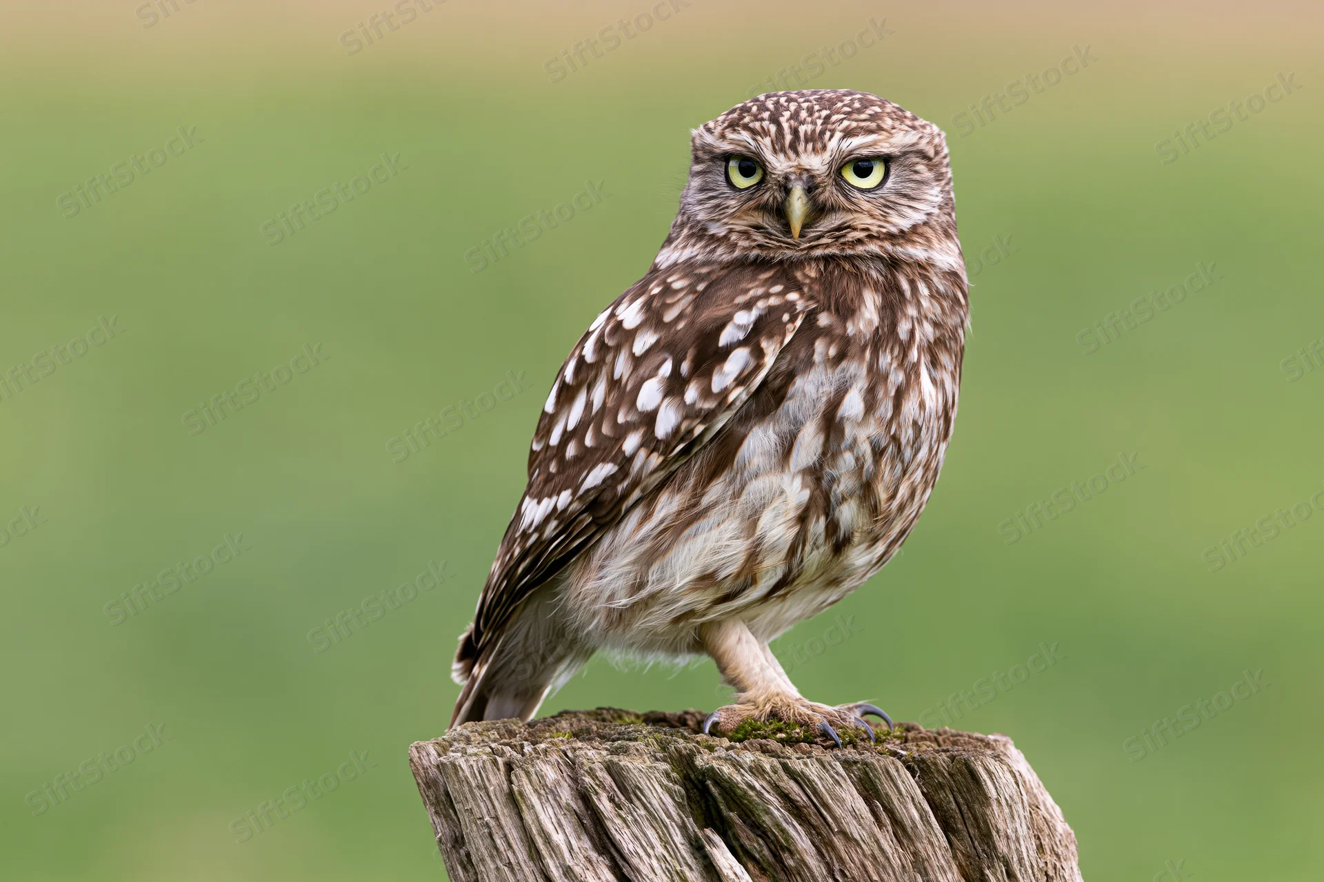 Little owl perched upright on a weathered wooden post stump in a green field