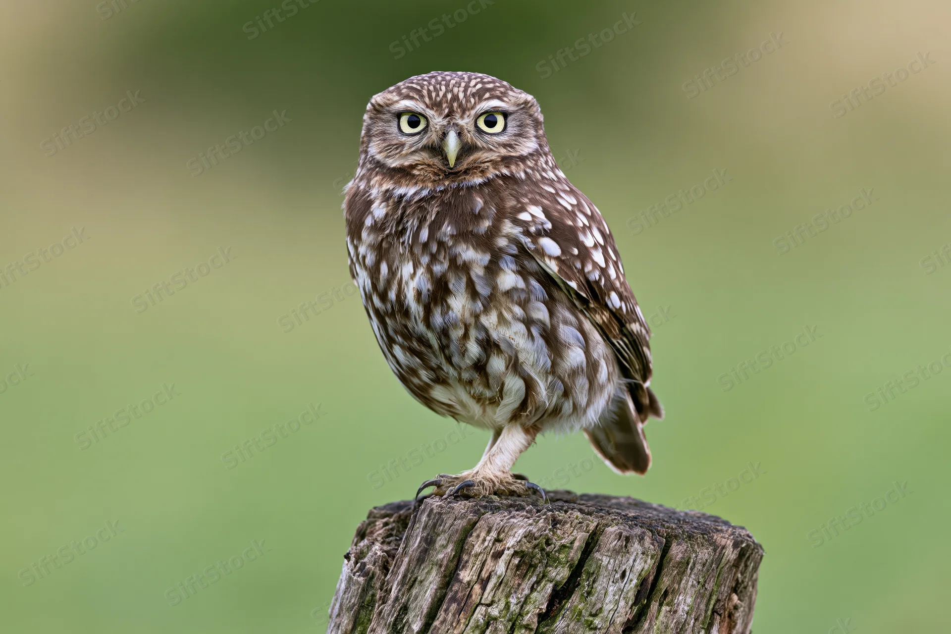 Little owl perched upright on a weathered wooden post stump facing forward in a green outdoor setting