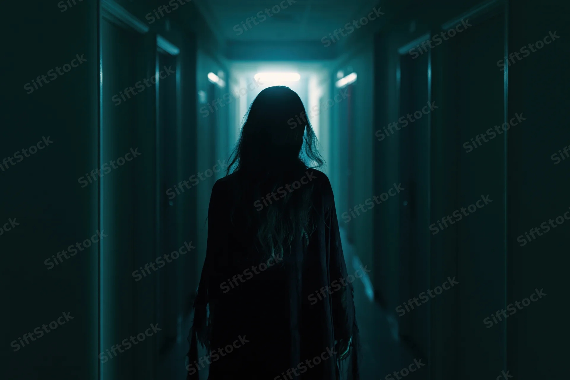 Silhouette of a woman in a dark robe walking down a dimly lit hallway with blue light at the end