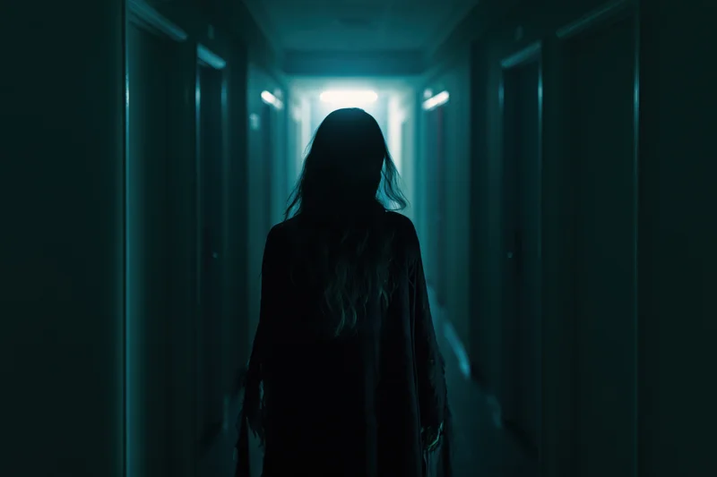 Silhouette of a woman in a dark robe walking down a dimly lit hallway with blue light at the end