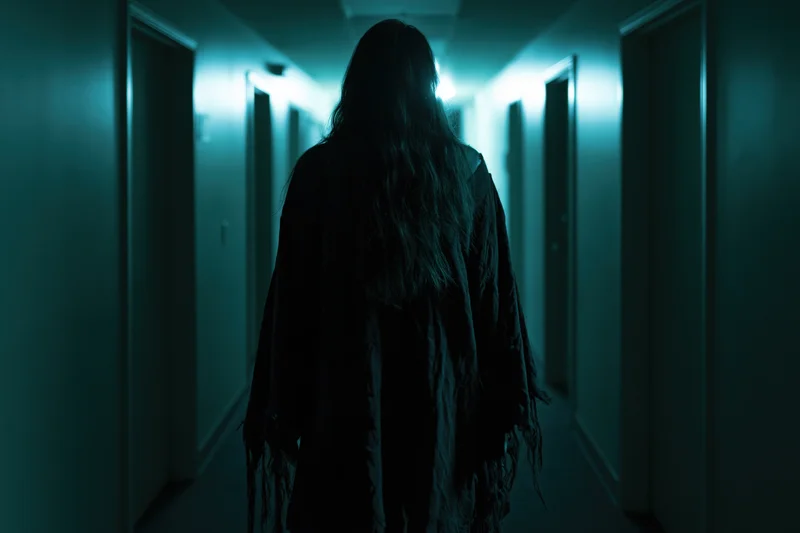 Woman in dark robe with long hair standing in dimly lit hallway viewed from behind