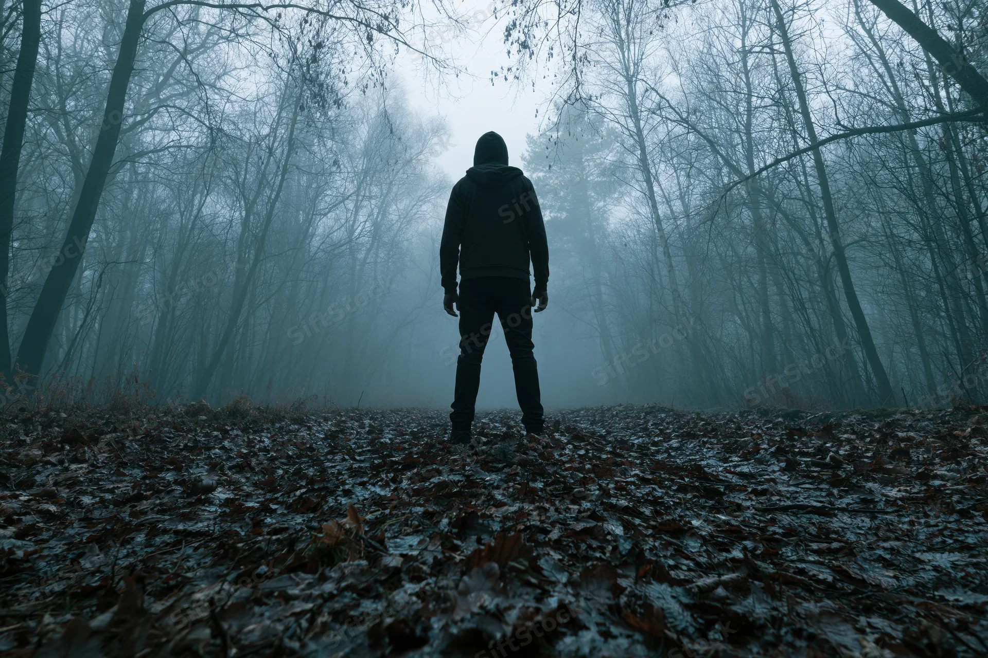 Man in hooded jacket standing still on leaf-covered forest path in fog