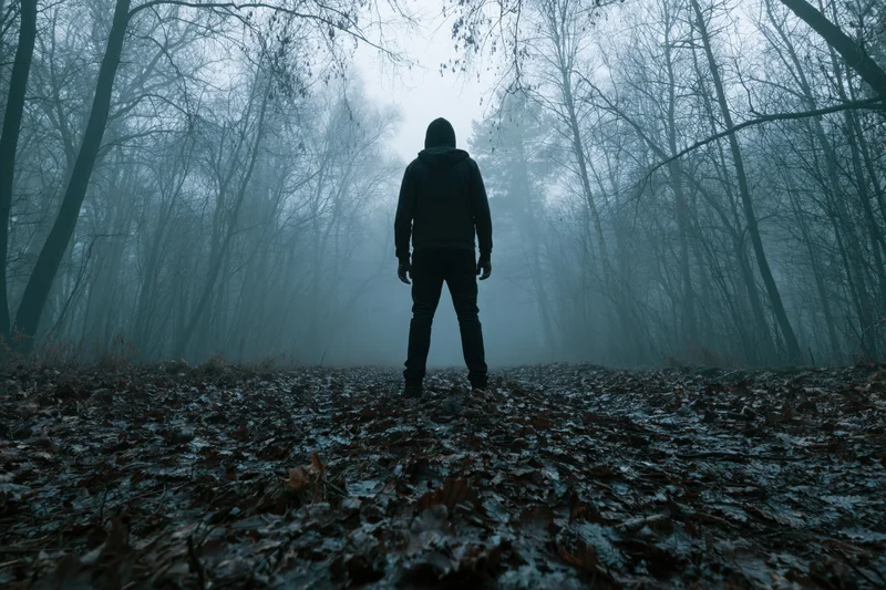 Man in hooded jacket standing still on leaf-covered forest path in fog