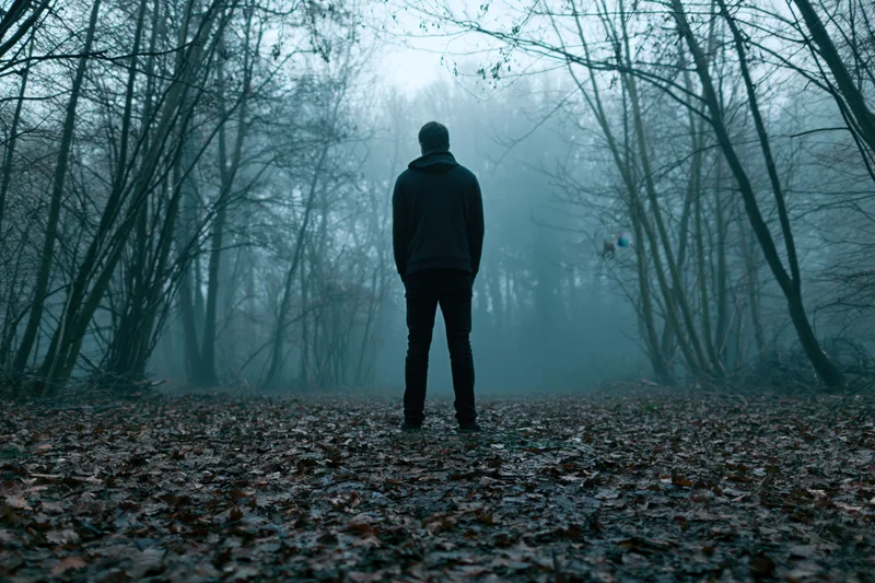 Man standing still on leaf-covered forest path in foggy woodland