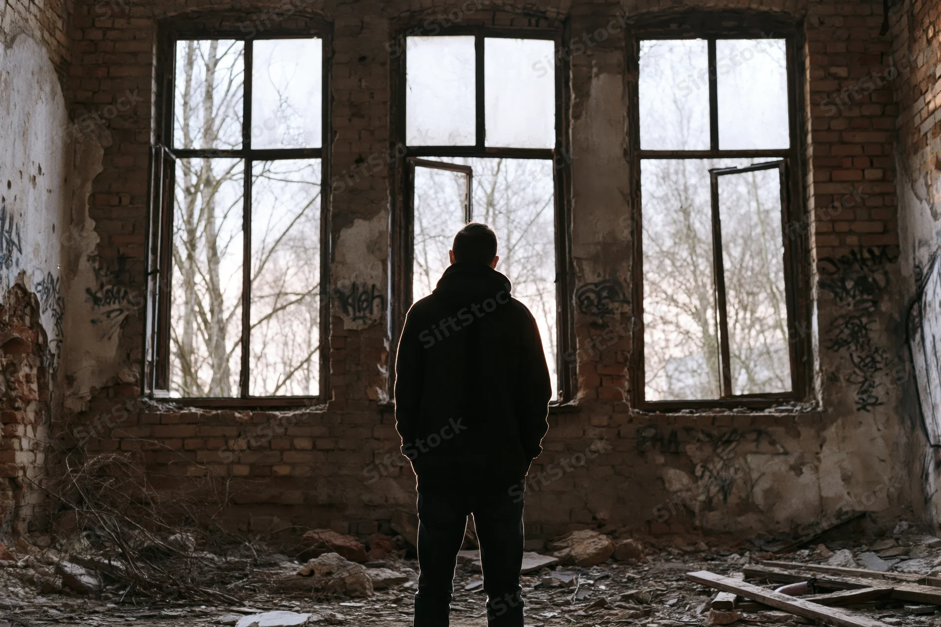 Man in dark hoodie standing with back to camera in abandoned brick building with broken windows and graffiti, looking out at bare trees