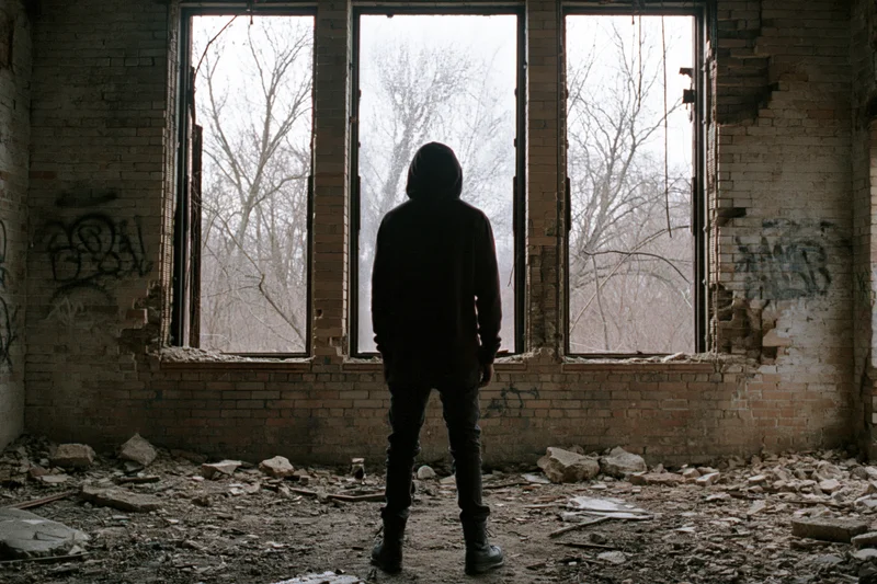 Silhouette of a person in a dark hoodie standing with back to camera in an abandoned brick building with broken windows and rubble on the floor