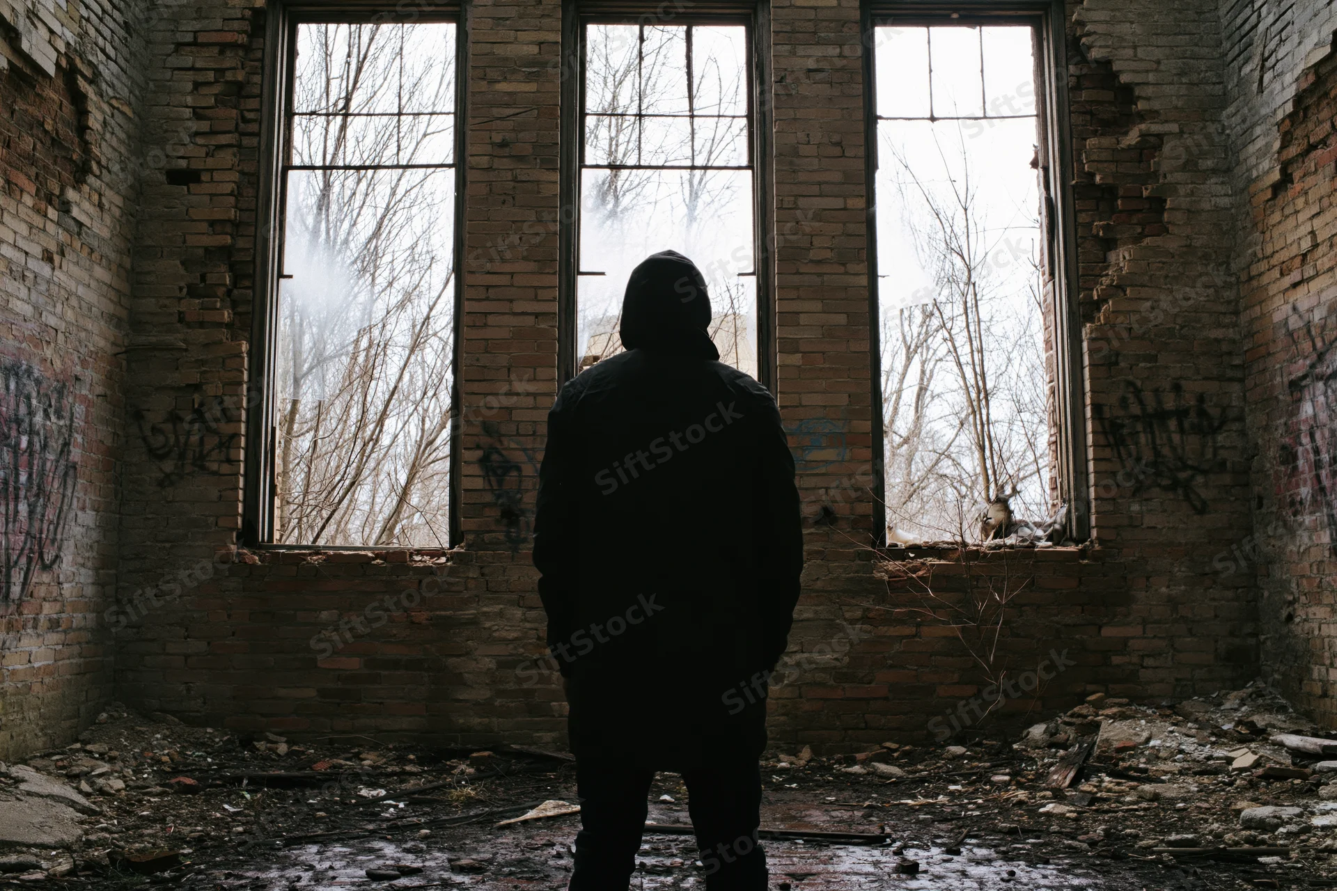 Silhouette of a man in a dark hoodie standing with his back to the camera inside a derelict brick building with broken windows and graffiti-covered walls