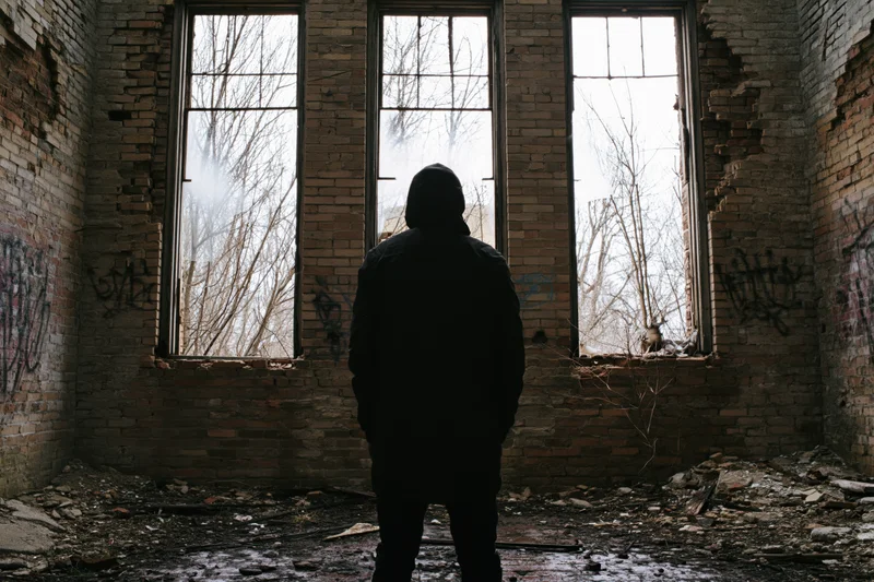 Silhouette of a man in a dark hoodie standing with his back to the camera inside a derelict brick building with broken windows and graffiti-covered walls