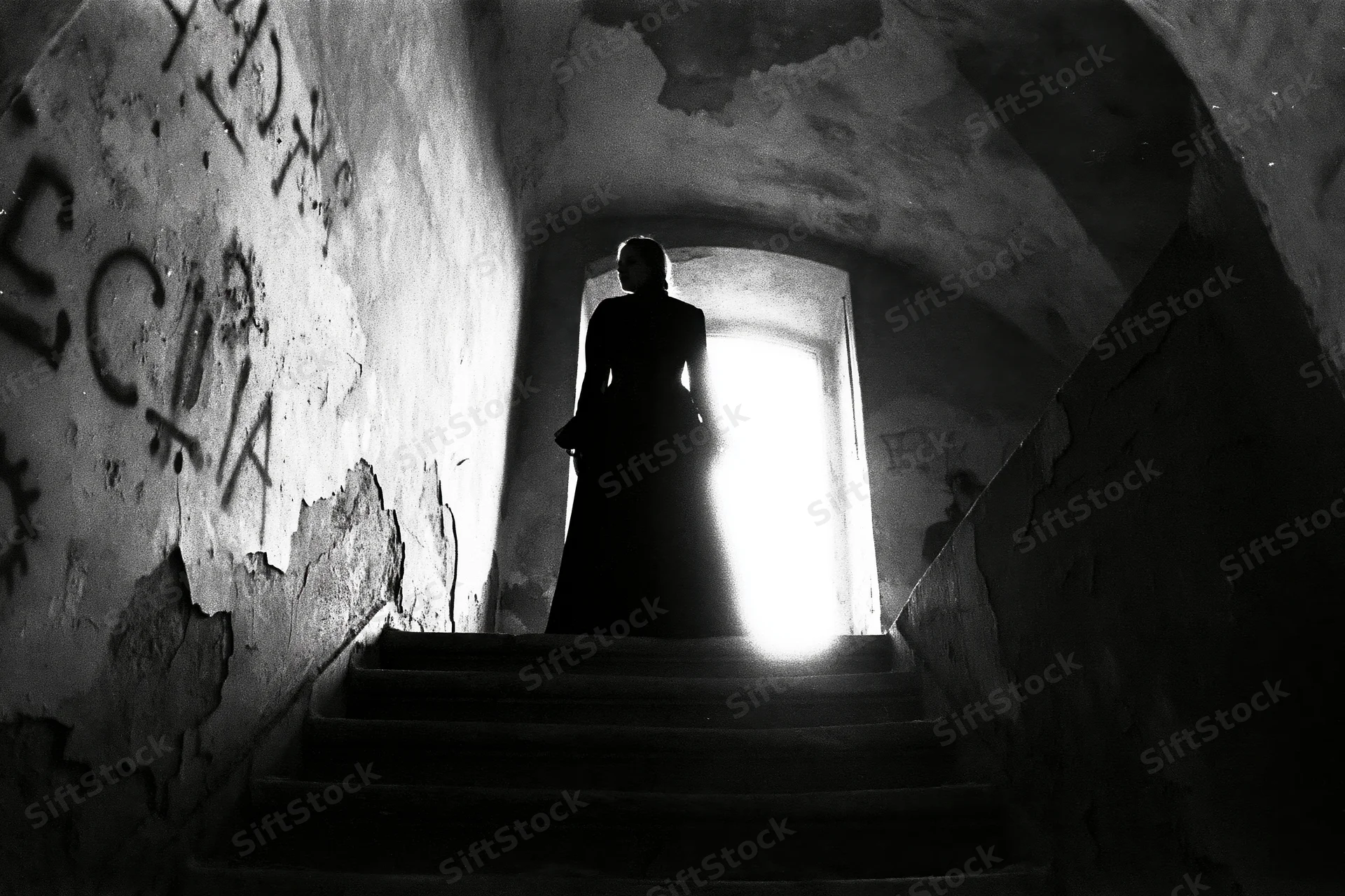 Woman in silhouette standing at top of stone staircase in dimly lit abandoned tunnel with graffiti-covered walls and bright doorway ahead