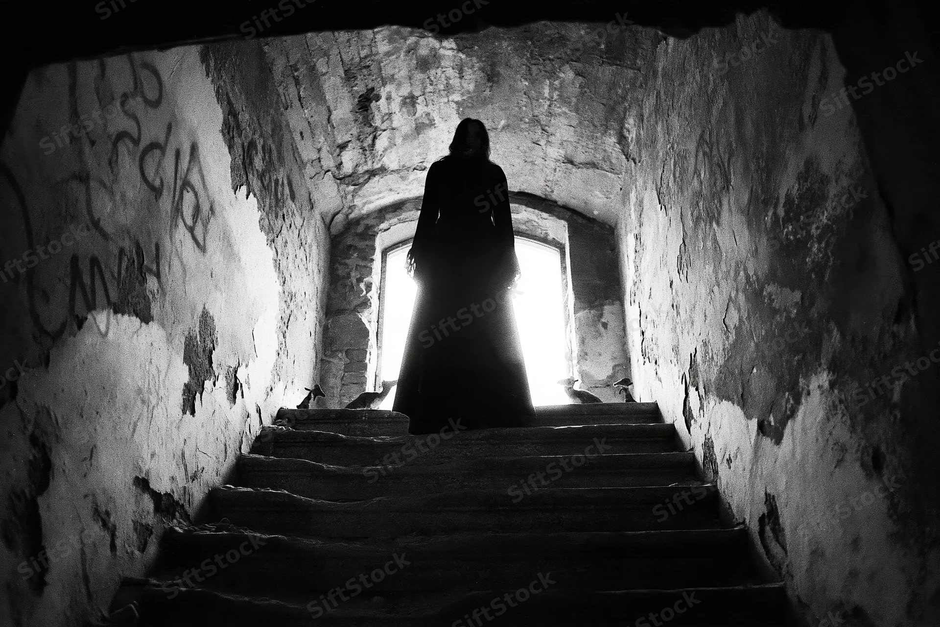 Silhouette of a woman in a long dark dress standing at the top of stone stairs in a dimly lit tunnel with light from a doorway behind her