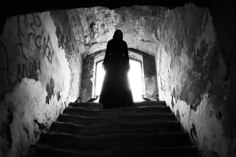 Silhouette of a woman in a long dark dress standing at the top of stone stairs in a dimly lit tunnel with light from a doorway behind her