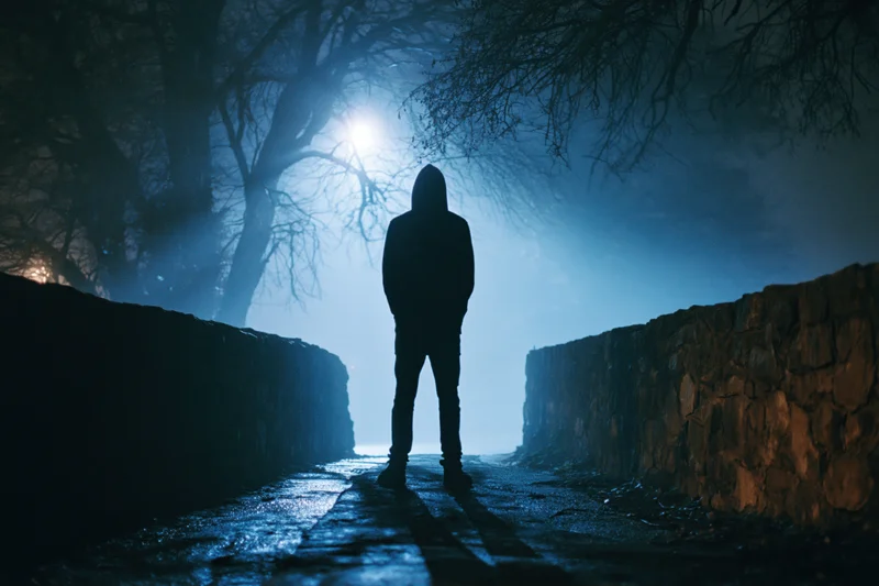 Hooded figure standing motionless on a foggy stone path at night