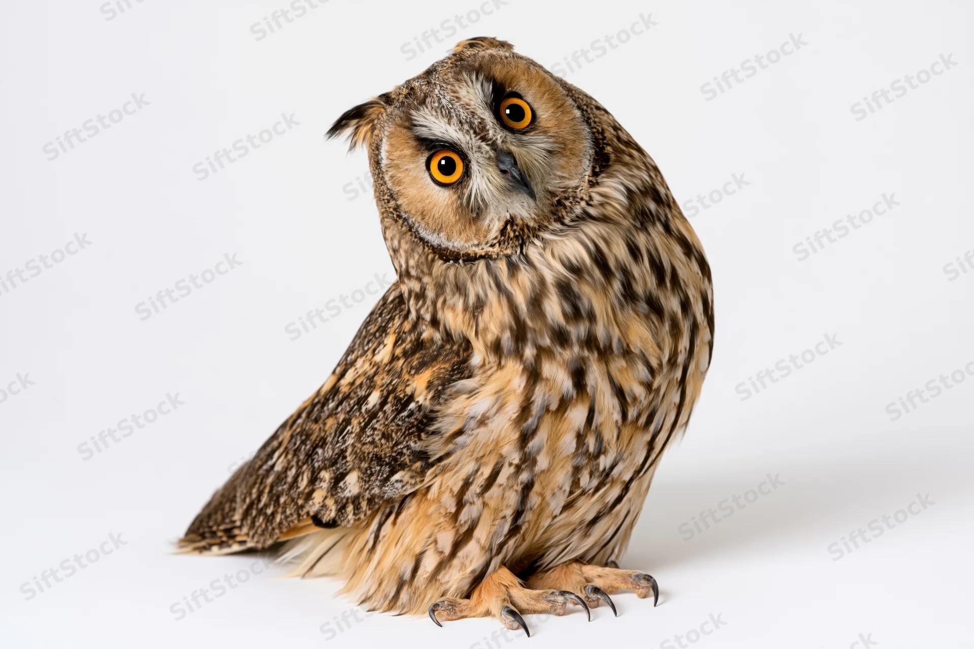 Long-eared owl perched upright facing camera on white background