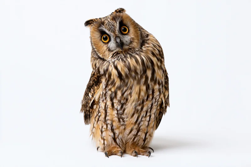 Long-eared owl perched upright facing camera on white background