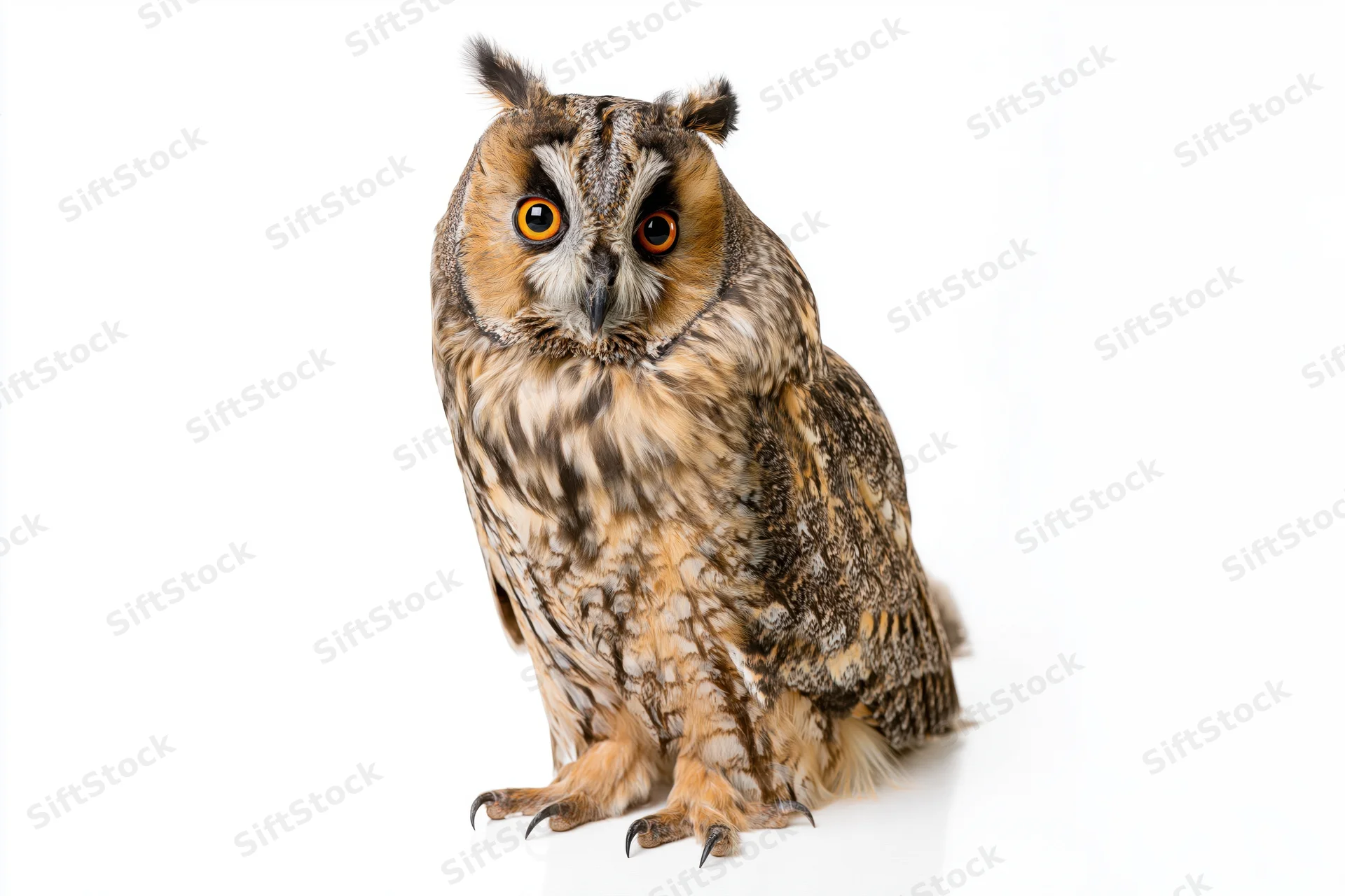 Long-eared owl perched upright facing camera on white background