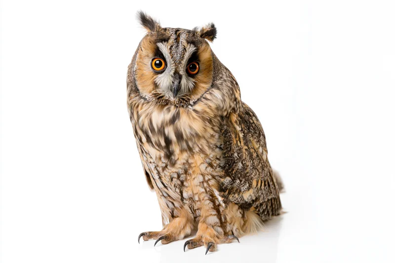Long-eared owl perched upright facing camera on white background