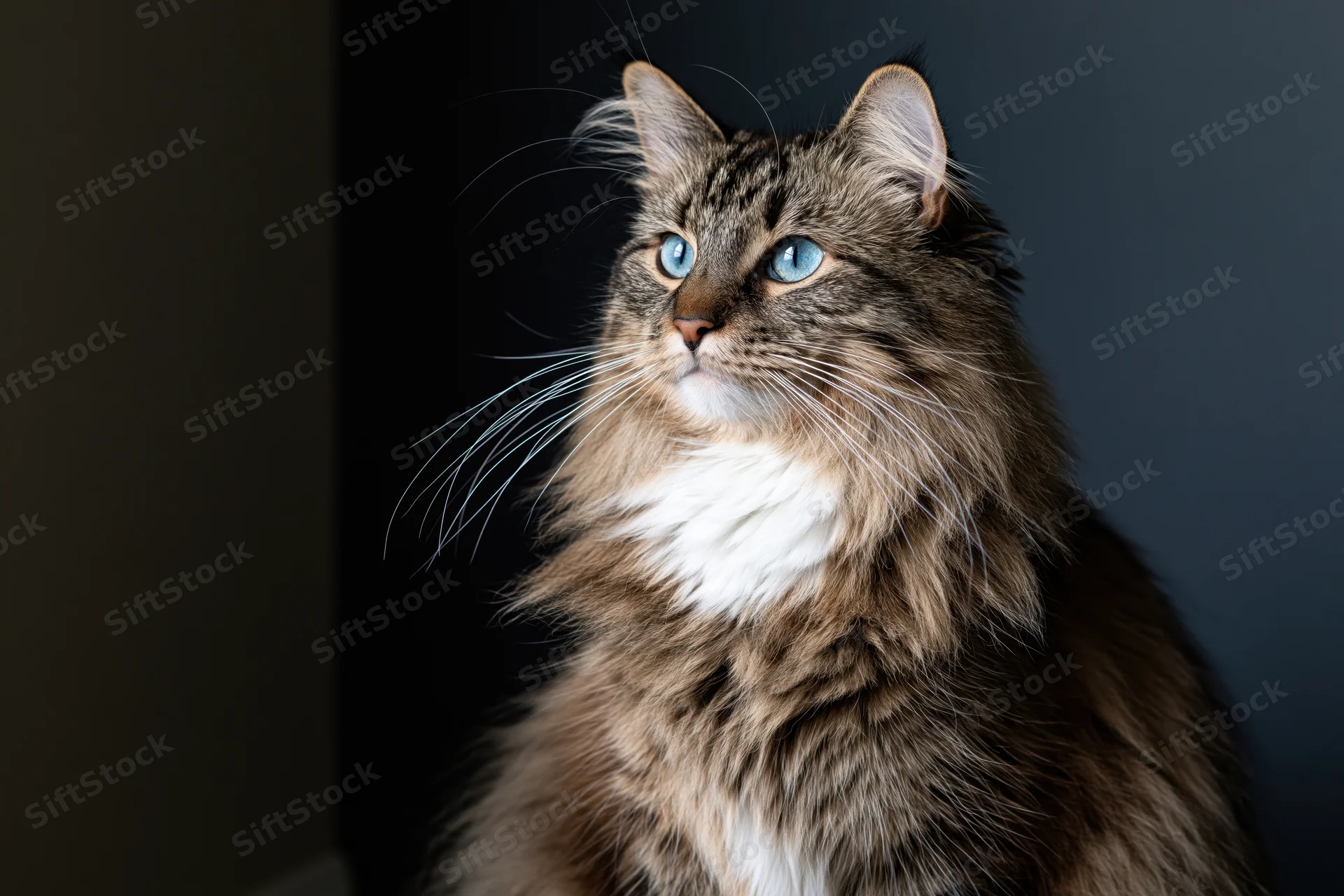 Long-haired tabby cat with blue eyes and white chest sitting in studio lighting, looking upward