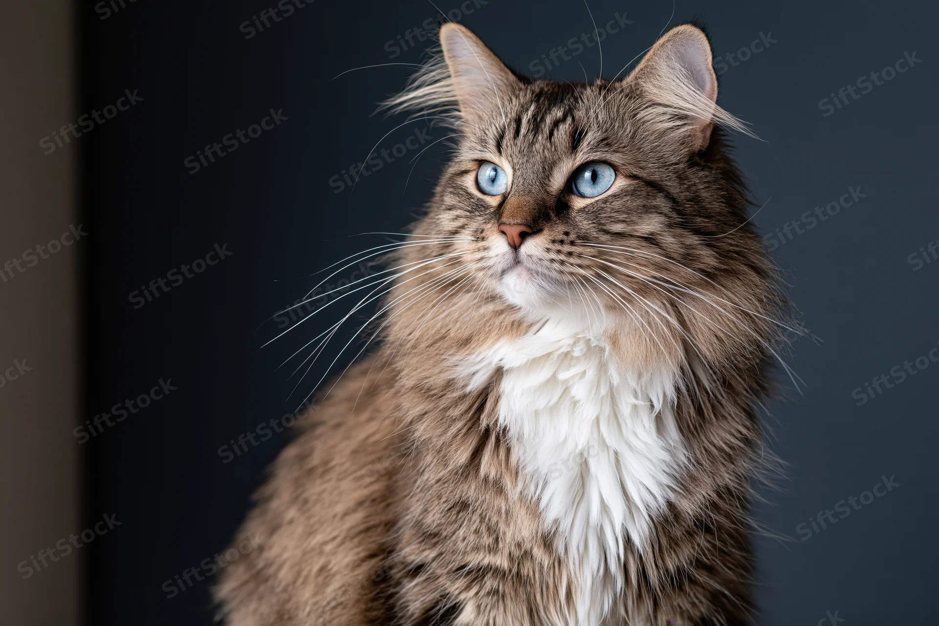 Long-haired tabby cat with blue eyes and white chest sitting in studio portrait