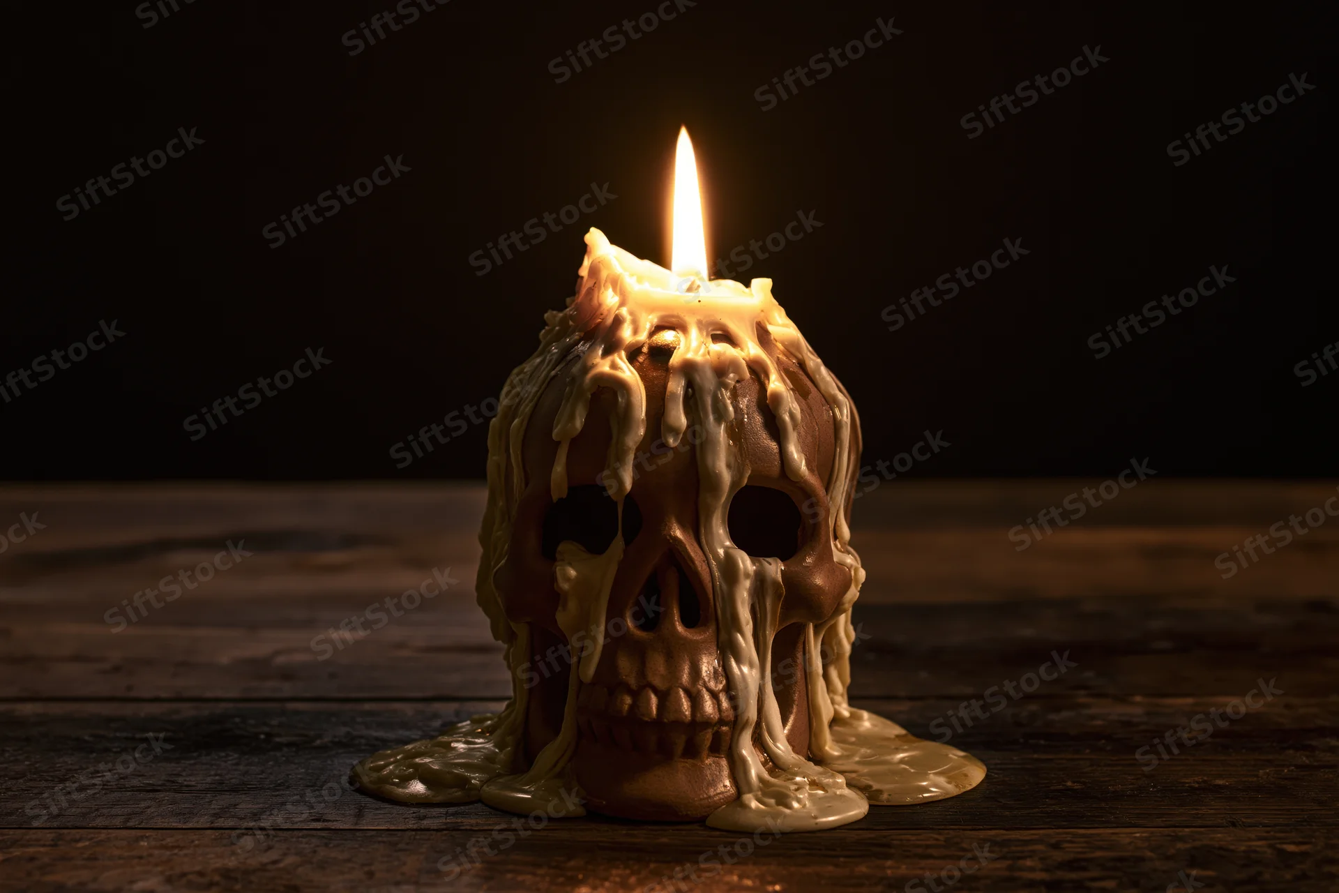 Burning candle shaped like a skull with melted wax dripping onto a wooden table