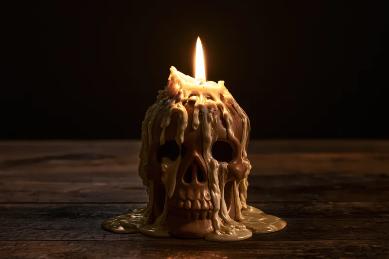 Burning candle shaped like a skull with melted wax dripping onto a wooden table