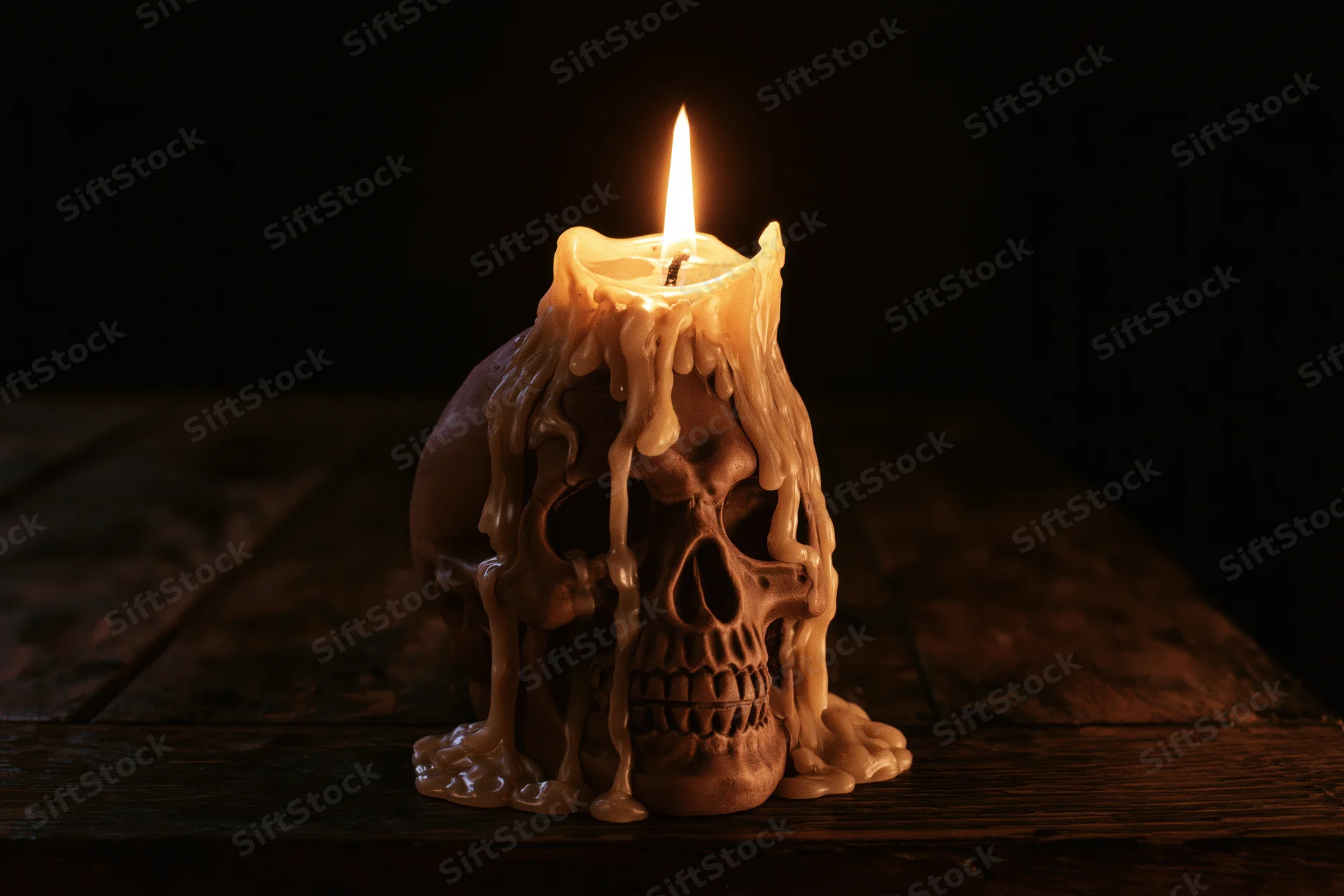 Burning candle atop ceramic skull sculpture on wooden table